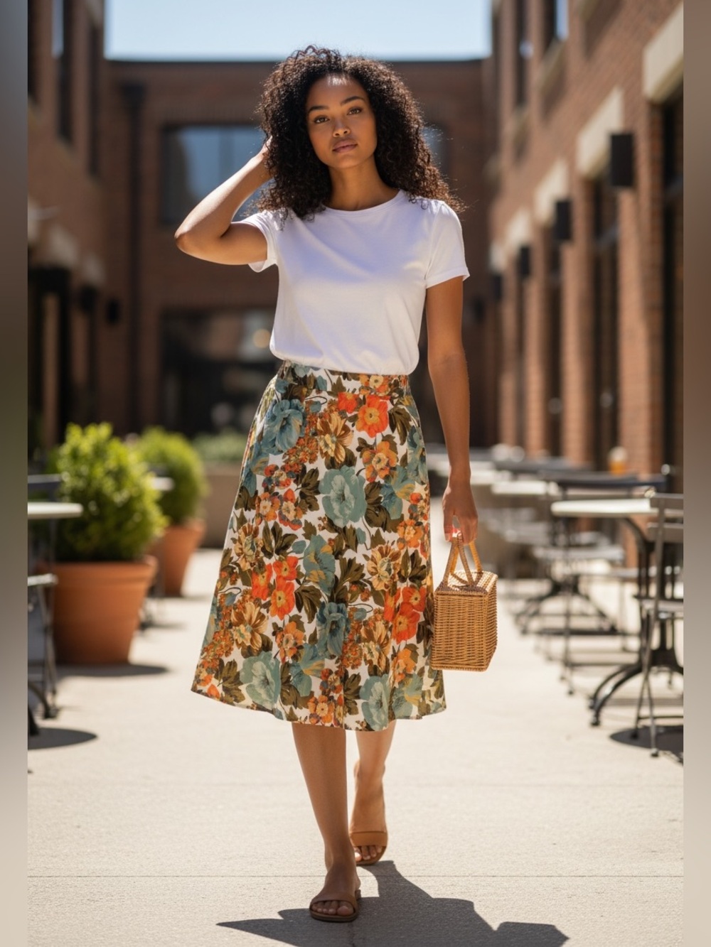 Floral Midi Skirt in Teal & Coral